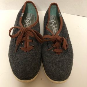 Gray and brown leather gray keds sneakers